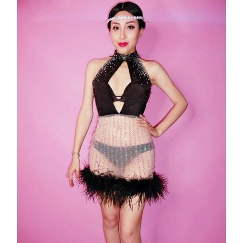 2020 New Black Transparent Yarn Dress Leotard Stretch Shining Female Dress Sexy DS Costumes Party DJ Show Performance Clothes
