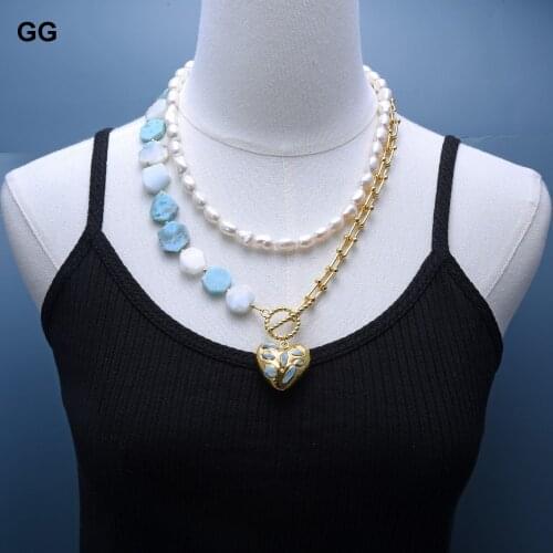 GG Jewelry Freshwater Cultured White Baroque Pearl Blue Larimars Necklace Blue Larimar Heart Shaped Pendant Charm For Women