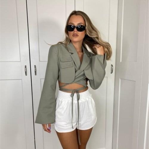 Blazers Women Indie Sexy Short Crop Top Solid Colors Buttonless Bandage Cottagecore Suit 2021 Spring Autumn New Fashion Blazer