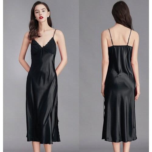 Sexy Nightdress Women Silk Sleepwear Solid Color Sleeveless Mid-Calf Camisolas Comfortable Breathable Homewear Sleeping Dress