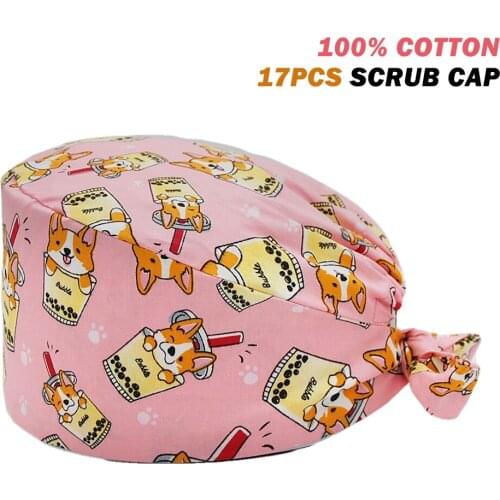 Clearance Scrubs Caps Adjustable 100% Cotton Teacup Dog Printing Nursing Hat Beauty Salon Pet Shop Working Accessories Scrub Cap