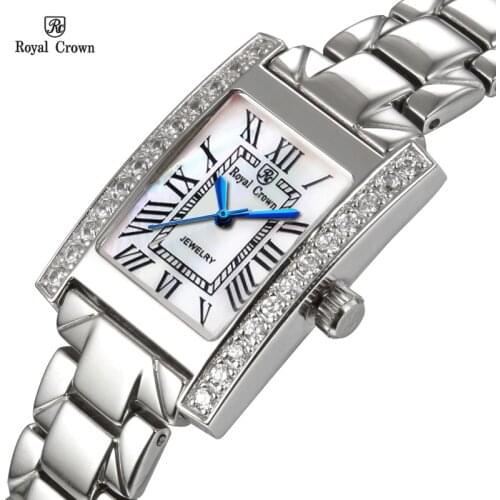 Luxury Prong Setting Womens Watch Fine Fashion Hours Mother-of-pearl Bracelet Rhinestone Crystal Girls Gift Royal Crown Box