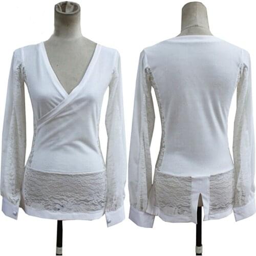 New Latin Dance Shirts Men Long Sleeve White Lace Tops Male Ice Skating Wear Ballroom Shirts Competition Costume Men VDB841