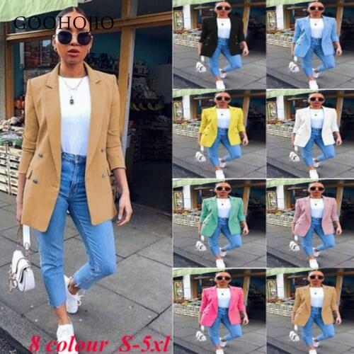 GOOHOJIO 2021 Spring Autumn All-match Blazers for Ladies Double Breasted Mid-length Blazers Women Fashionable Profession Blazers