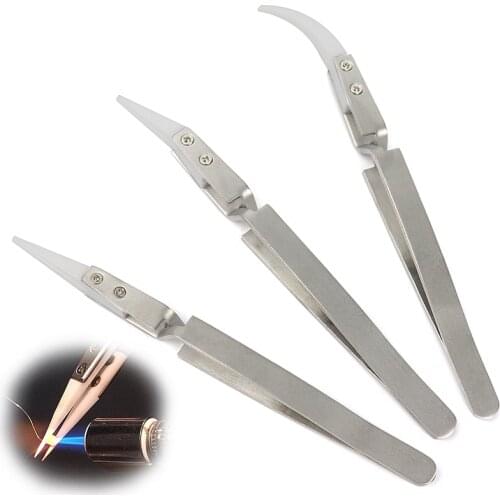 Precision Ceramic Tweezers Stainless Steel Tweezer Reverse Heat Resistant Cross Lock DIY Household Repair Hand Tools