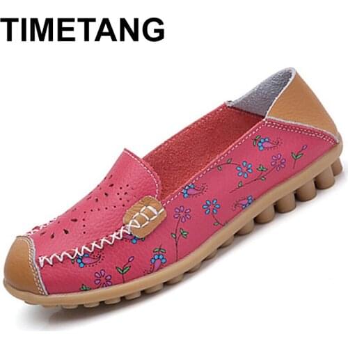 TIMETANG New Summer plus size Women cutouts Genuine Leather Mom shoes Comfortable Appliques Sewing Flats Casual ballet flats