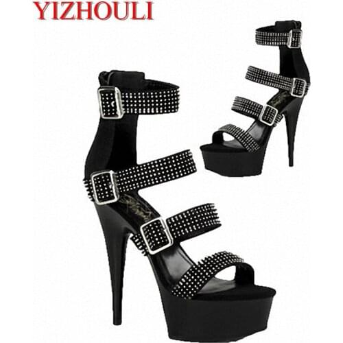 Summer womens platform high-heeled black sequins decorate 15-cm pole dancing sandals with 6-inch dancing shoes