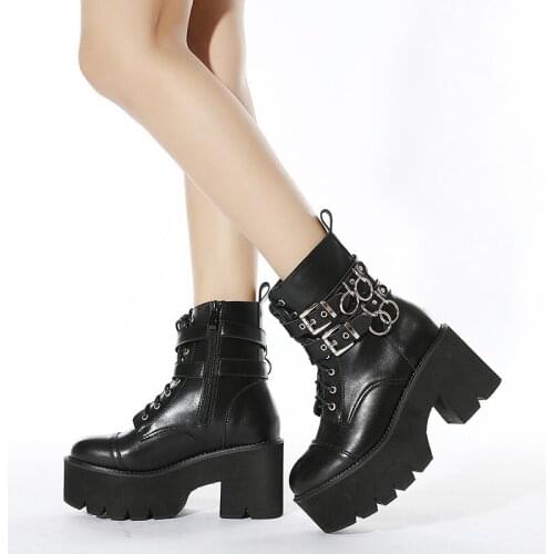 High Quality Leather Gothic Black Boots Women Heel Sexy Chain Chunky Heel Platform Boots Female Punk Style Ankle Boots Zipper