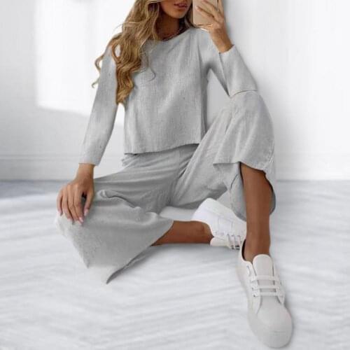 Women Two-piece Suit Autumn Winter Pants Set Solid Color Wide Leg Office Lady O Neck Blouse Elastic Waist Trousers Outfits