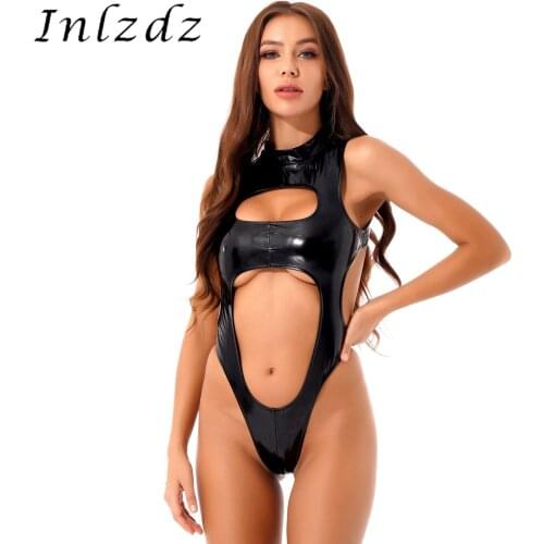 Womens High Cut Sexy Catsuit Clubwear Zipper Back Cutout Patent Leather Bodysuit Mock Neck Leotard Hollow Out Bodycon Costume