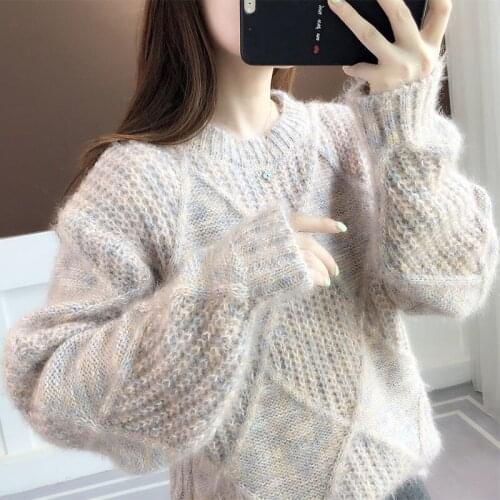 2021 New Style Korean Casual Loose Ladies Bottoming Splicing Sweater Top O-neck Diamond Knit Sweater Womans Autumn Winter Wear