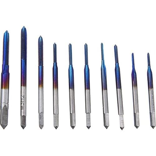 10pcs M1-M3.5 Blue Coated Metric Thread Tap Straight Flute Machine Tap HSS Screw Tap Drill Bits+Adjustable Tap Wrench