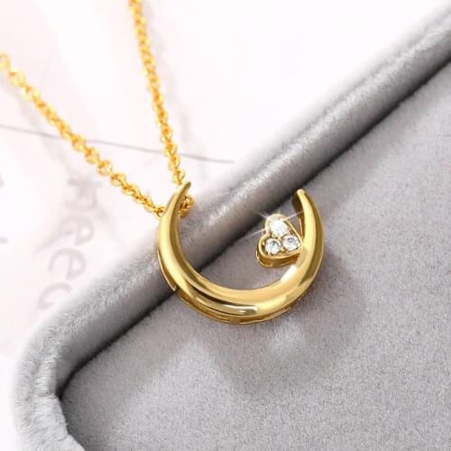 Dainty Moon & Heart Necklaces For Women Crystal Jewelry Stainless Steel Crescent Pendants Necklaces Collier Femme Mom Gifts BFF