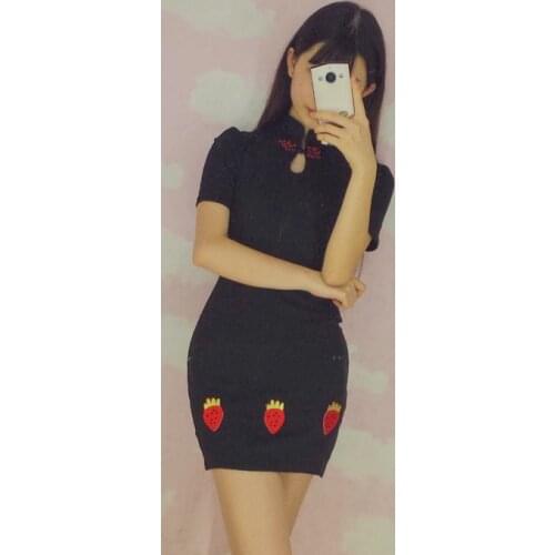 Strawberry Womens Vintage Cheongsam Chinese Qipao Black Slim-fit Dress Summer Short Sleeve Size M-L