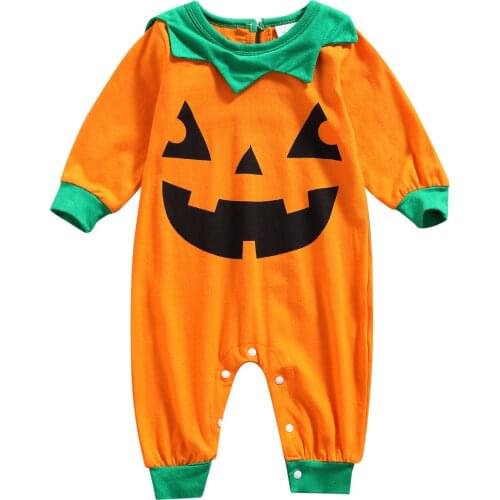 2021 Halloween Baby Girls Boys Romper, Toddlers Spring Autumn Pumpkin Smiling Face Printing Long Sleeve Round Collar Jumpsuit