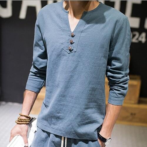Plus Size M-7XL Pure Color Tops 2019 New Cotton Linen Mens V-neck t-Shirt Flax Slim Casual Three Buttoning Long Sleeve Fashion