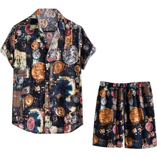 Hawaiian Sets Printing Button Down Cotton Linen 2021 Summer Short Sleeve Shirt Beach Shorts Streetwear Casual Mens Suit 2 pc
