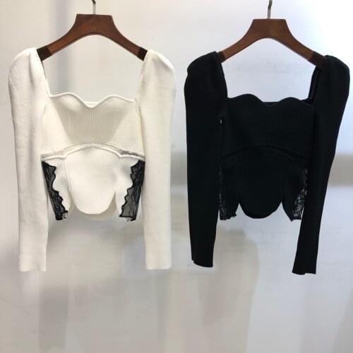 New ladies fashion 2021 long sleeve sexy casual lace stitching knitted top 1224