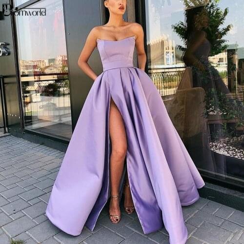 2020 New Plus Size Prom Dresses Long Sleeveless Satin Sexy Split Lilac Formal Party Dress vestidos de gala