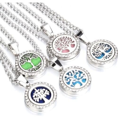 New Aromatherapy Necklace Tree of Life Essential Oil Diffuser Rhinestone Necklace Magnetic Open Locket Pendant Perfume Necklace