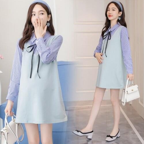 3883# Maternity Clothes Spring Autumn Stripe Cotton patchwork Turn Down Collar Stylish Dress Pregnant Women Mom Dress