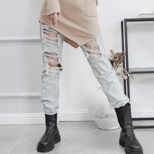 Light color pierced jeans pants straight pants beggars pants women show thin spring and summer new large hip hop Street trend