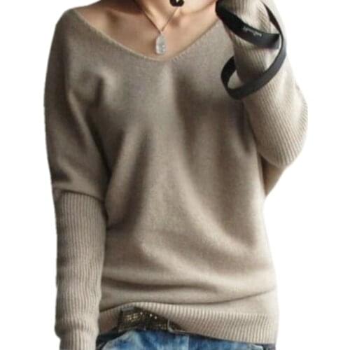 Spring autumn cashmere sweaters women fashion sexy v-neck pullover loose 100% wool batwing sleeve plus size knitted tops
