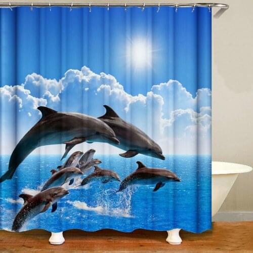 Sunlight Ocean Dolphin Shower Curtain Animal Fish Sea Scenery Bath Screen Hanging Fabric With Hook Bathroom Curtains Home Decors