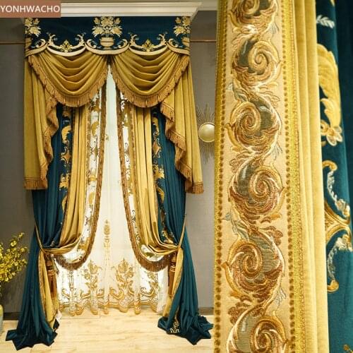 Custom curtain high-grade luxury flannel living room embroidery blue thick velvet cloth blackout curtain valance tulle C407