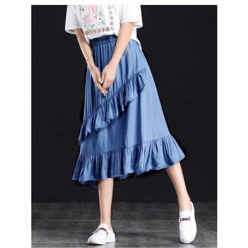 2020 Ruffles Denim Skirts Summer High Waist Vintage A-Line Long Jeans Skirts Female Large Size Skirts M-7XL Blue Black