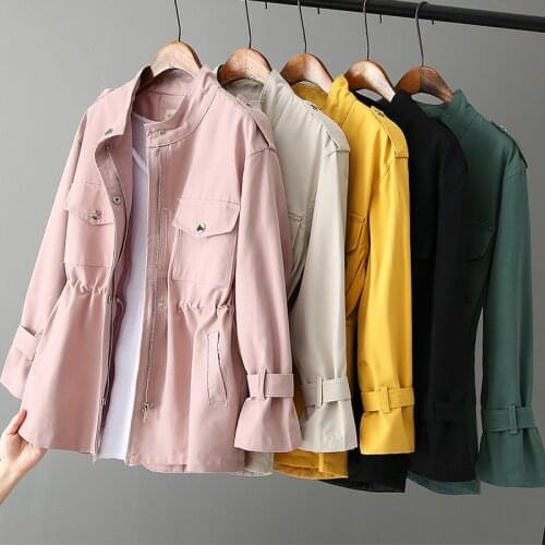 Female Windbreaker 2020 Spring Autumn Stand collar Slim Mid-length Overcoat Adjustable Solid Casual Zipper Ladies Trench Coats