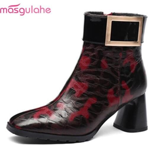 Masgulahe big size 33-43 fashion ankle boots for women square toe zip genuine leather boots thick high heels ladies boots