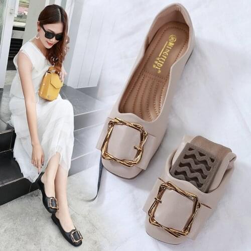 Metal buckle shallow flats solid soft bottom roll-up shoes woman comfy casual non-slip loafers square toe brief femme moccasins