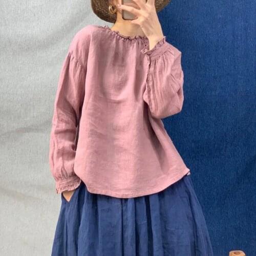 Johnature 2021 New Vintage Linen Loose Solid Color Womens Tops And Blouses Summer Japanese O-neck Full Sleeve Female Shirts