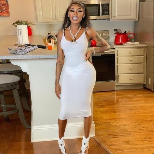 Summer Streetwear Sleeveless Bodycon Dress Women Chain Spaghetti Strap Dresses Women Backless White Casual Midi Dress 2021