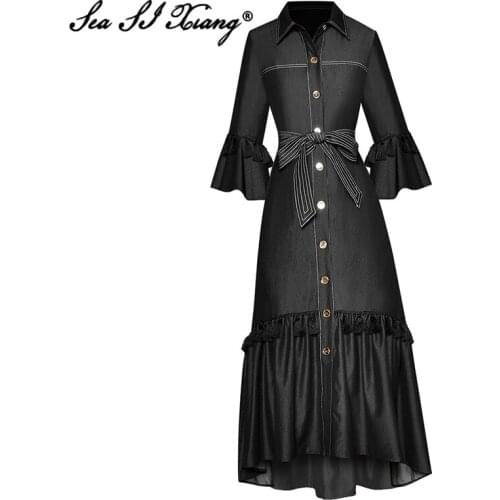 Seasixiang Fashion Designer Autumn Long Dress Women Turn-down Collar Flare Sleeve Tassel Single Breasted Lace Up Midi Dresses