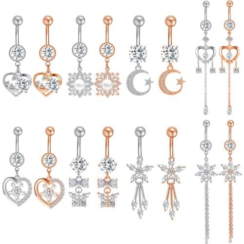 14g Drop Dangle Belly Rings Surgical steel Belly Button Rings for Women Crystal Heart Star Butterfly Belly Navel Piercing Flower