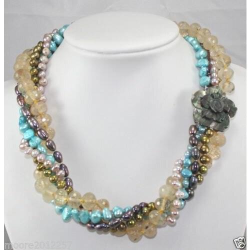 5 rows twist charming crystal Multicolor freshwater pearl necklace 17.5"