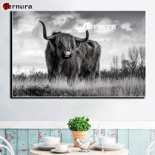 Black white art 5D DIY Diamond Painting Animal highland cattle Full Square Round Drill Mosaic Rhinestone Embroidery Cross Stitch