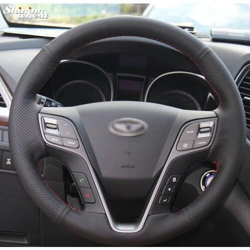 Shining wheat Hand-stitched Black Leather Steering Wheel Cover for Hyundai Santa Fe 2013-2015