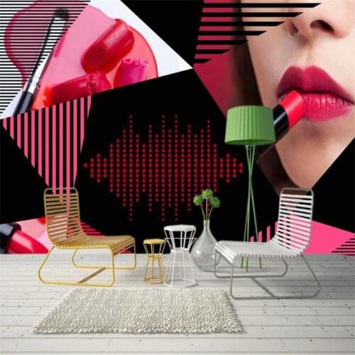 Black damask wallpaper custom 3 d photo wallpaper wall murall modern shopping mall design wall papers cosmetics store sexy lips