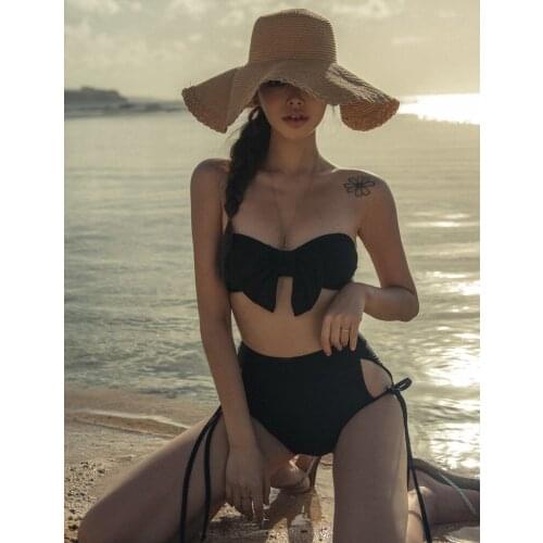 Black split bikini swimsuit female bowknot sexy high waist swimsuit straps beachwear high waist bikini swim suit