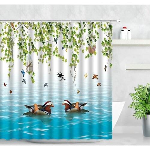Color Duck Birds Green Leaf Lake Spring Scenery Shower Curtains Chinese Style Waterproof Bath Screen Hook Bathroom Curtain Decor