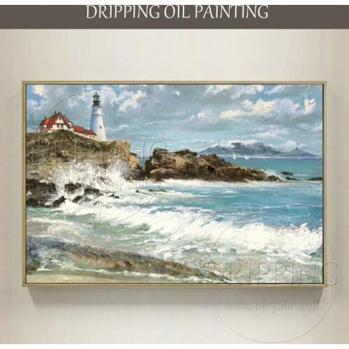 Artist Hand-painted High Quality Modern Seaside Seascape Oil Painting on Canvas Seaside Lighthouse Oil Painting for Living Room