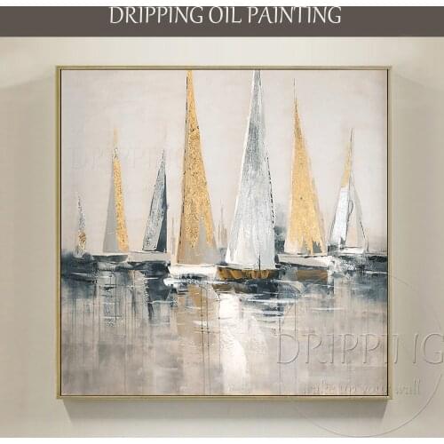Skilled Artist Hand-painted High Quality Golden Boat Landscape Acrylic Painting on Canvas Gold Foil Boats Painting for Bedroom