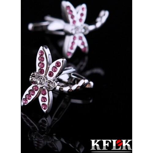 KFLK Jewelry shirt cufflink for womens Brand Pink Crystal Dragonfly animal Cuff link Luxury Button High Quality guests