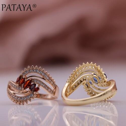 PATAYA New Micro Wax Inlay Horse Eye Blue Natural Zircon Women Ring 585 Rose Gold Geometric Fashion Jewelry Party Metal Rings