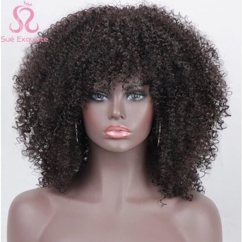 SUe EXQUISITE Afro Kinky Curly Wigs With Bangs Synthetic Short Wigs For Black Women Africa Synthetic Black Wig Heat Resistant