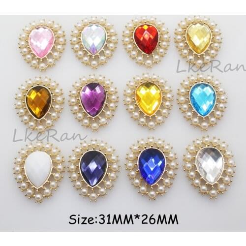 LkeRan 10Pc 26*31mm Water Drop Faux Pearl Acrylic Buttons Gold Base Alloy Button for Crafts Decoration Diy Accessories Handcraft