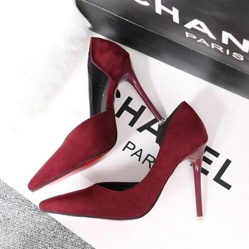2021 spring new fashion simple stilettos suede shallow mouth pointed side hollow sexy hollow banquet dress womens single shoes